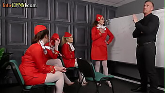 British Air Hostesses In Nylon Stockings And Heels Engage In Oral Sex With Their Male Passenger Under The Command Of A Dominant Woman